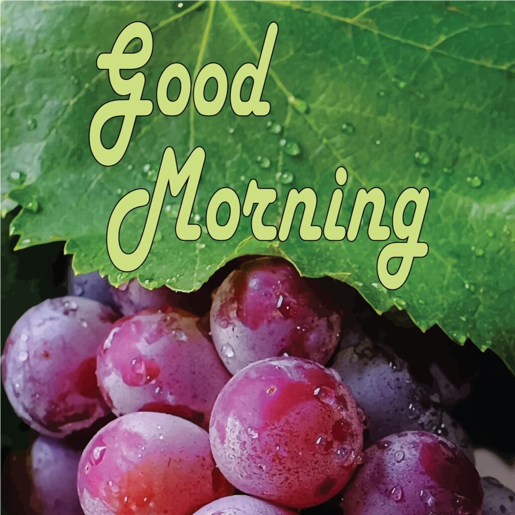 Good morning written on green leaves above red grapes