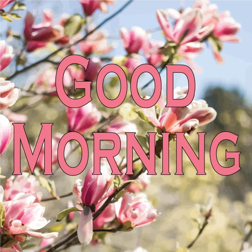 A tree has many pink flowers with good morning written in rose color